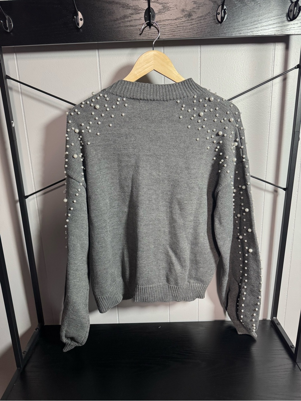 Pearl-Embellished Gray Crewneck Sweater